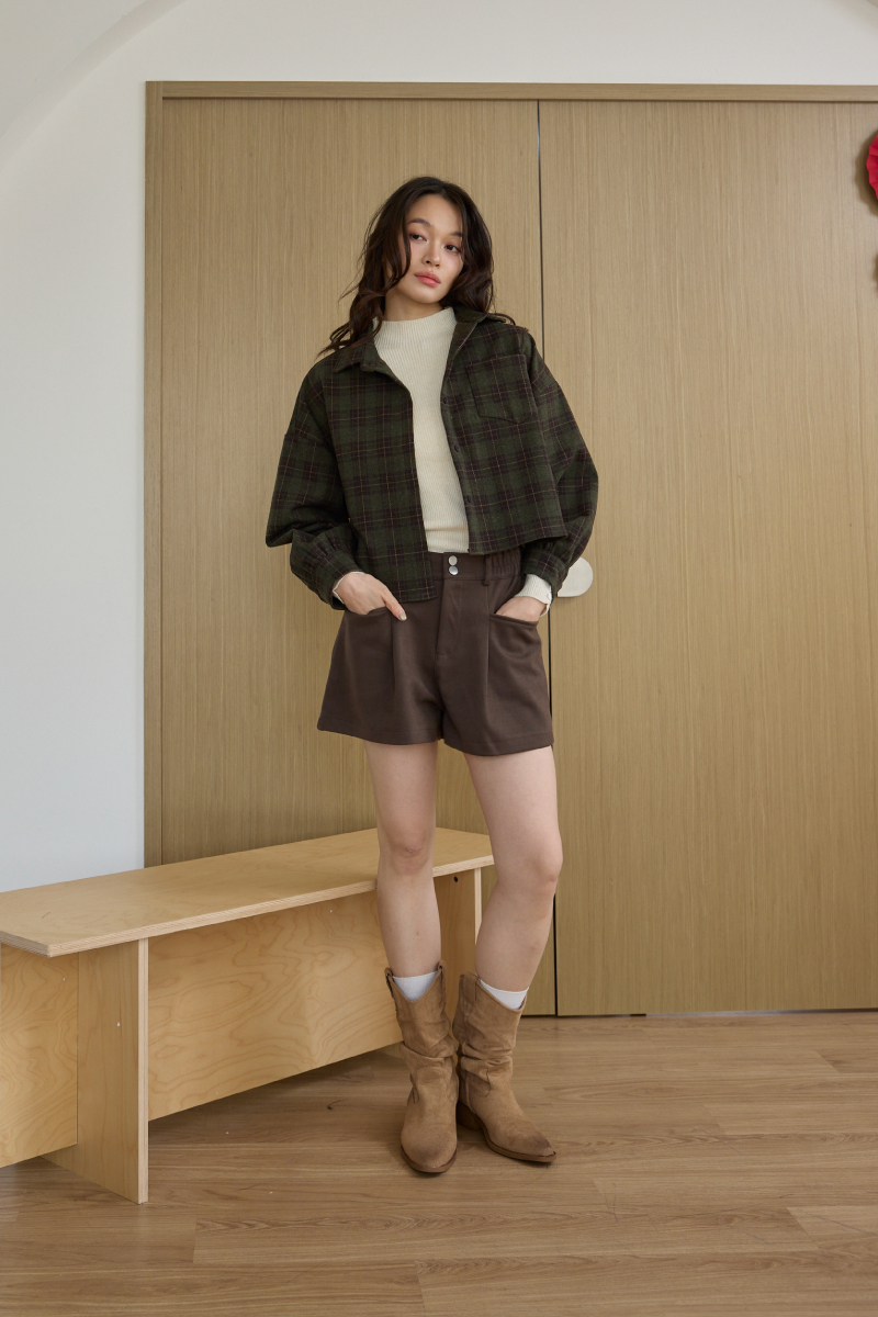 撞色格紋短版毛呢襯衫