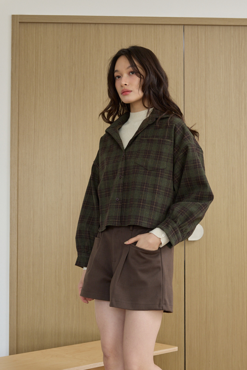 撞色格紋短版毛呢襯衫