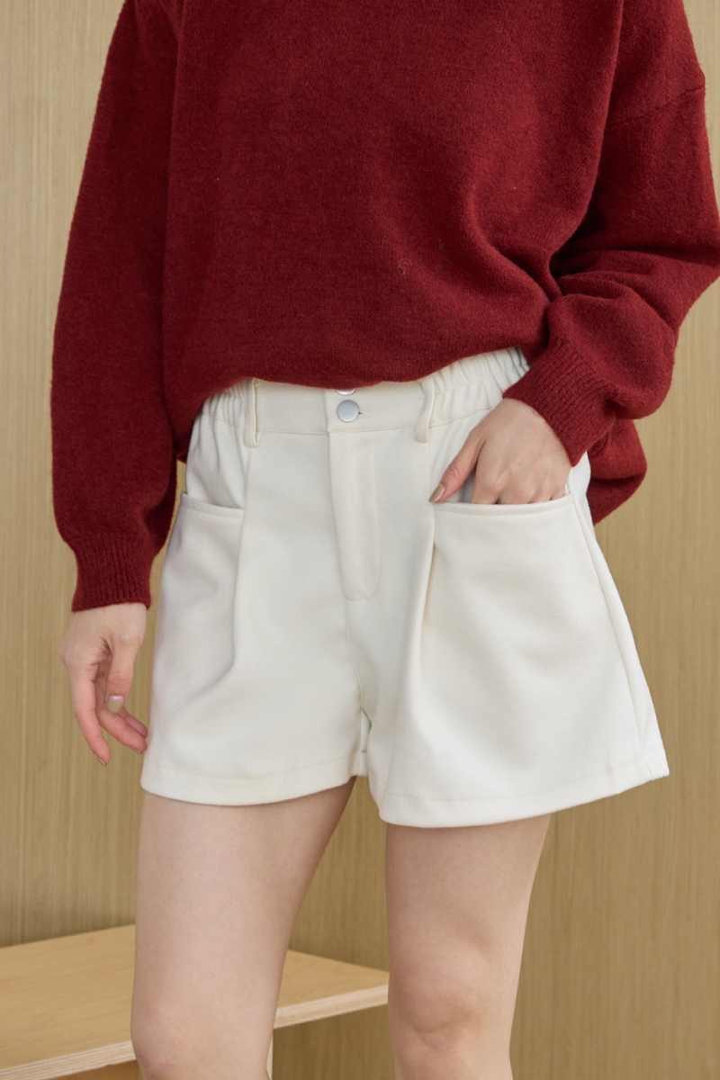 高腰排釦大口袋毛呢短褲