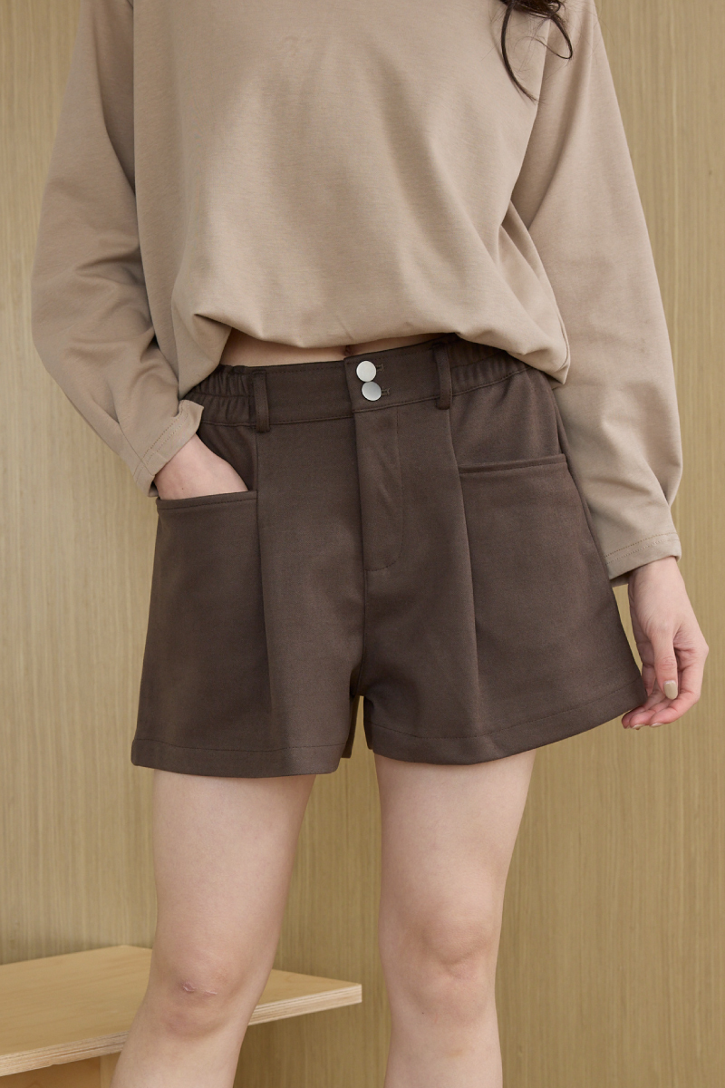 高腰排釦大口袋毛呢短褲