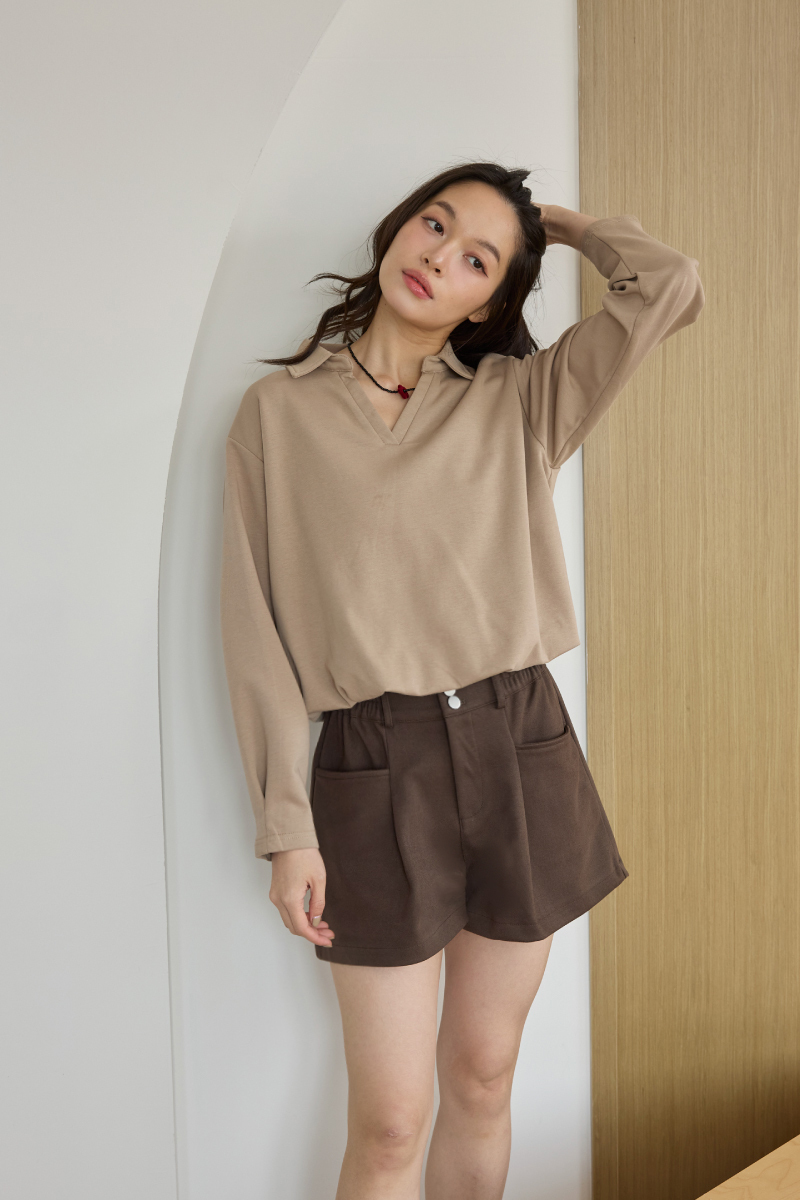 高腰排釦大口袋毛呢短褲