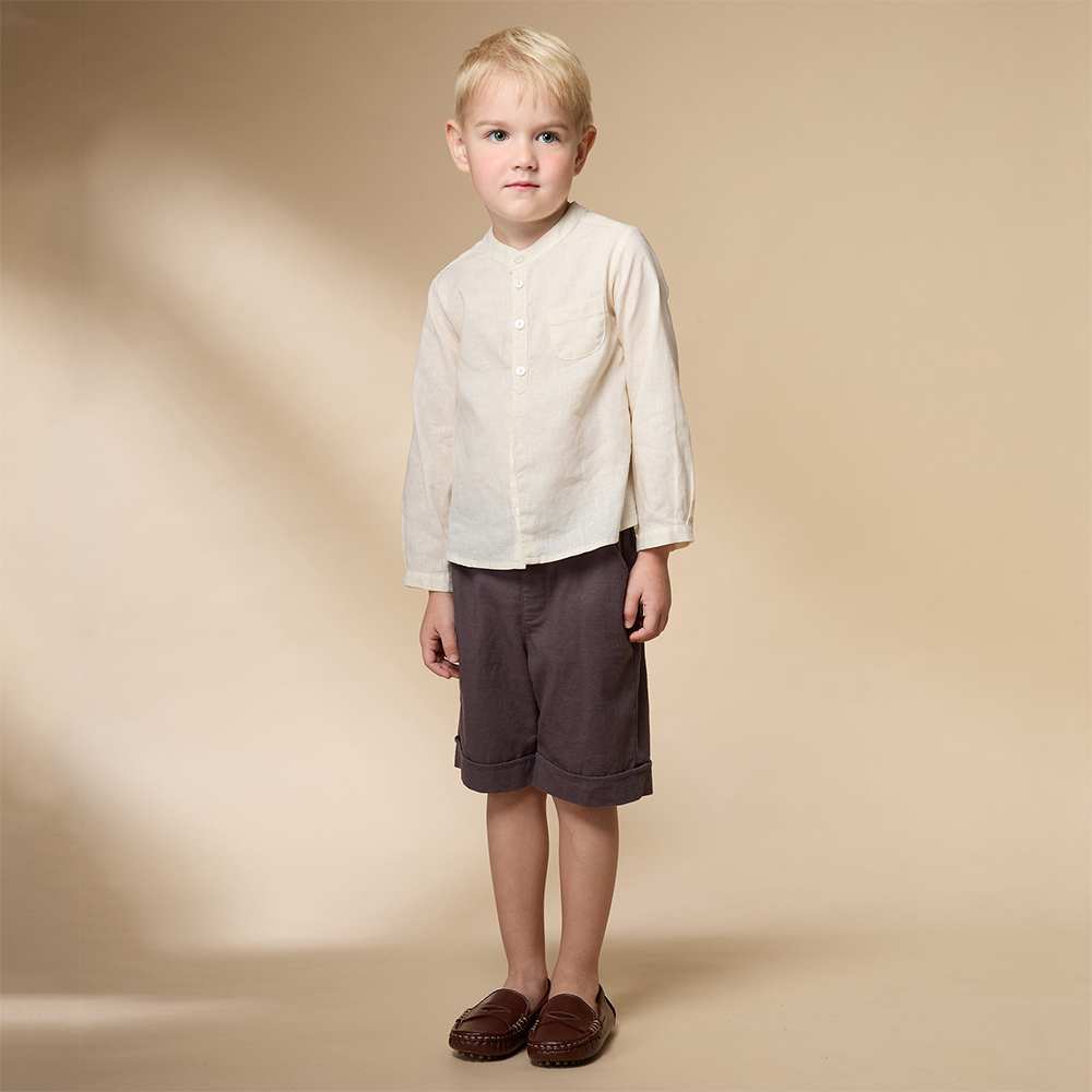 PIPPY 素面棉麻圓領排釦長袖襯衫上衣 白