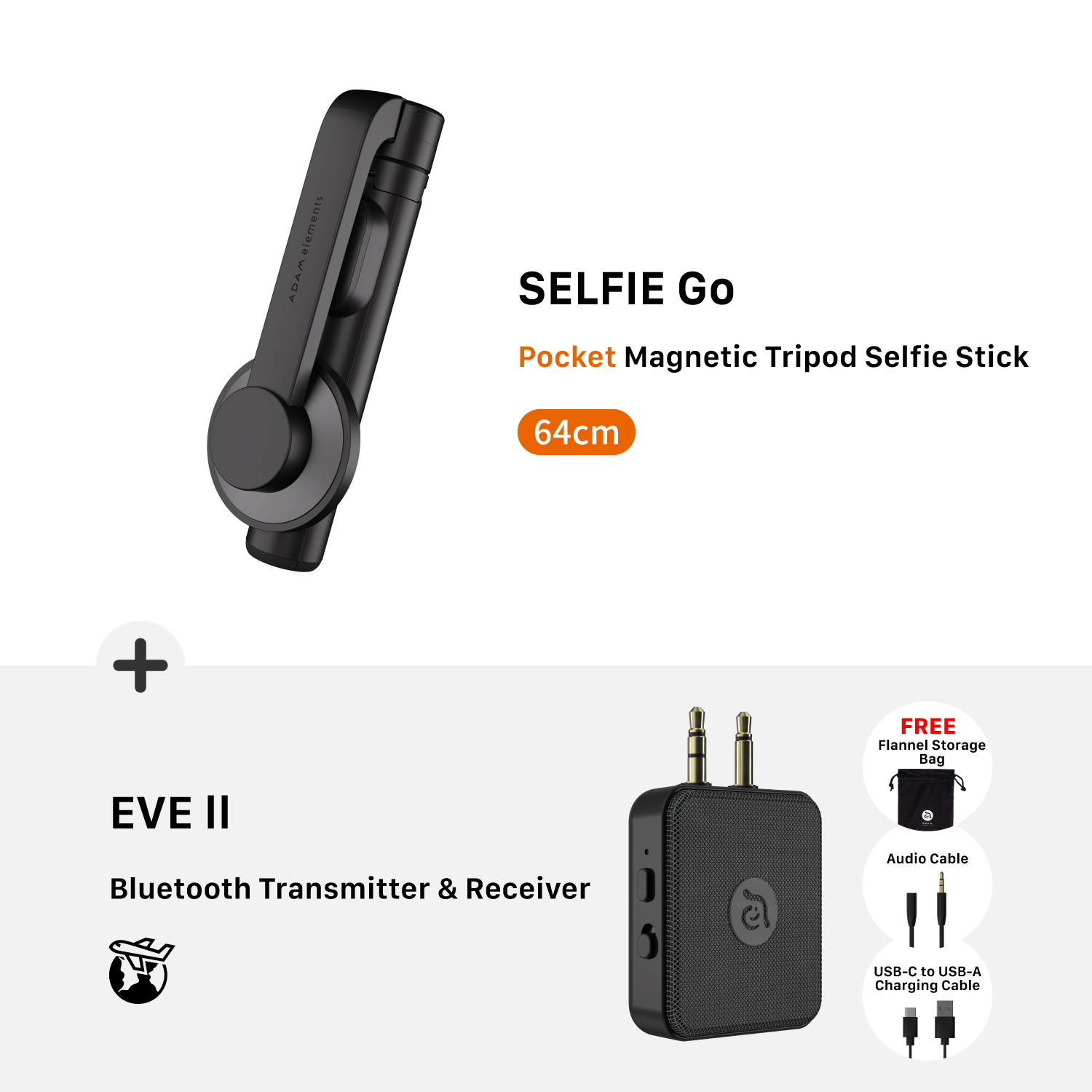 SELFIE Go Pocket Magnetic Tripod Selfie Stick + EVE II Bluetooth Transmitter & Receiver