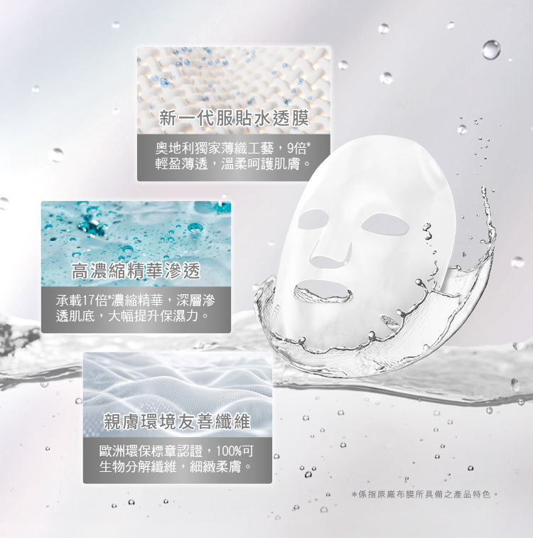 新一代服貼水透膜:奧地利獨家薄織工藝,9倍輕盈薄透,溫柔呵護肌膚,高濃縮精華滲透:承載17倍濃縮精華,深層滲透基底,大幅提升保濕力。親膚環境友善纖維:歐洲環保標章認證,100%可生物分解纖維,細緻柔膚。