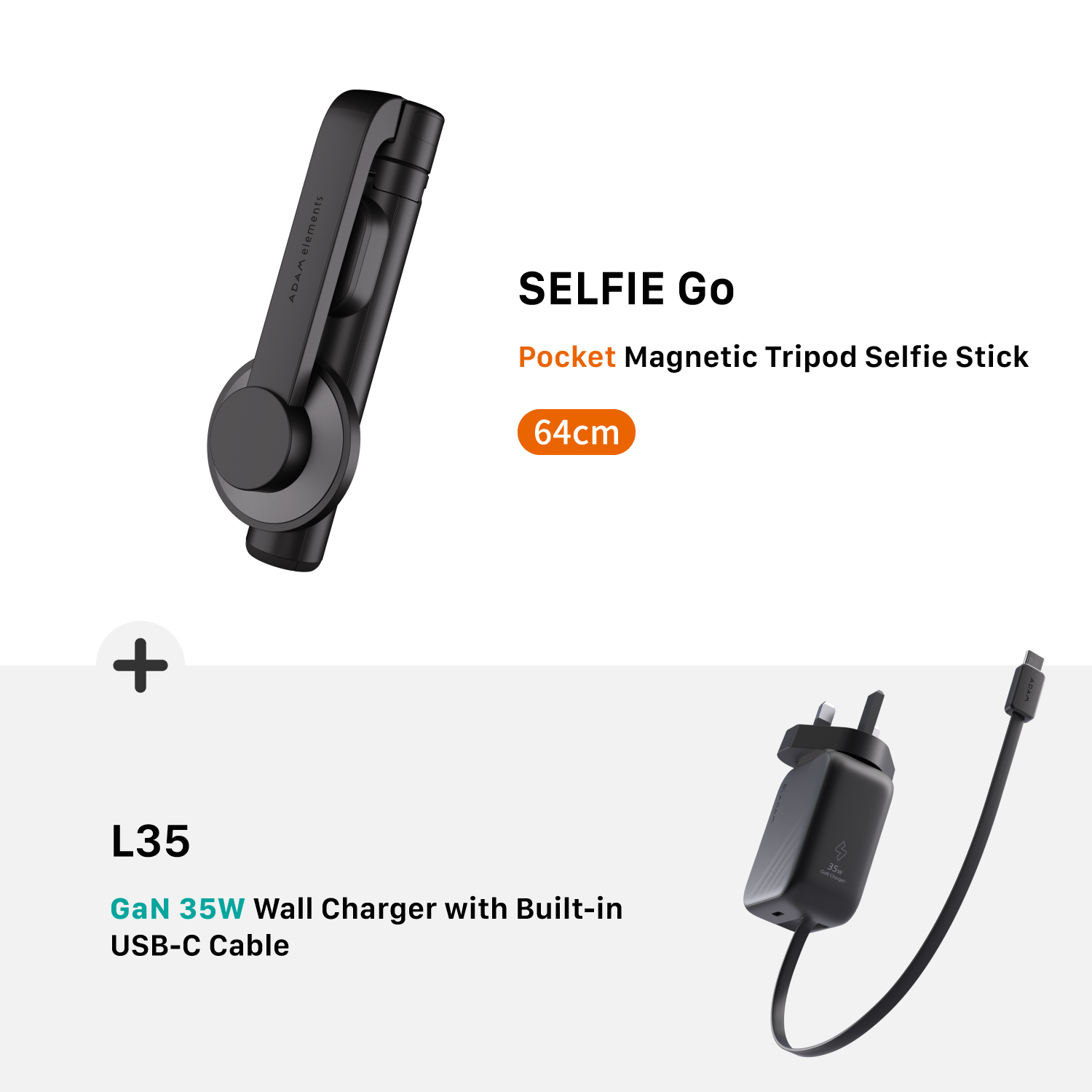 SELFIE Go Pocket Magnetic Tripod Selfie Stick + L35 UK GaN 35W Wall Charger with Built-In USB-C Cable