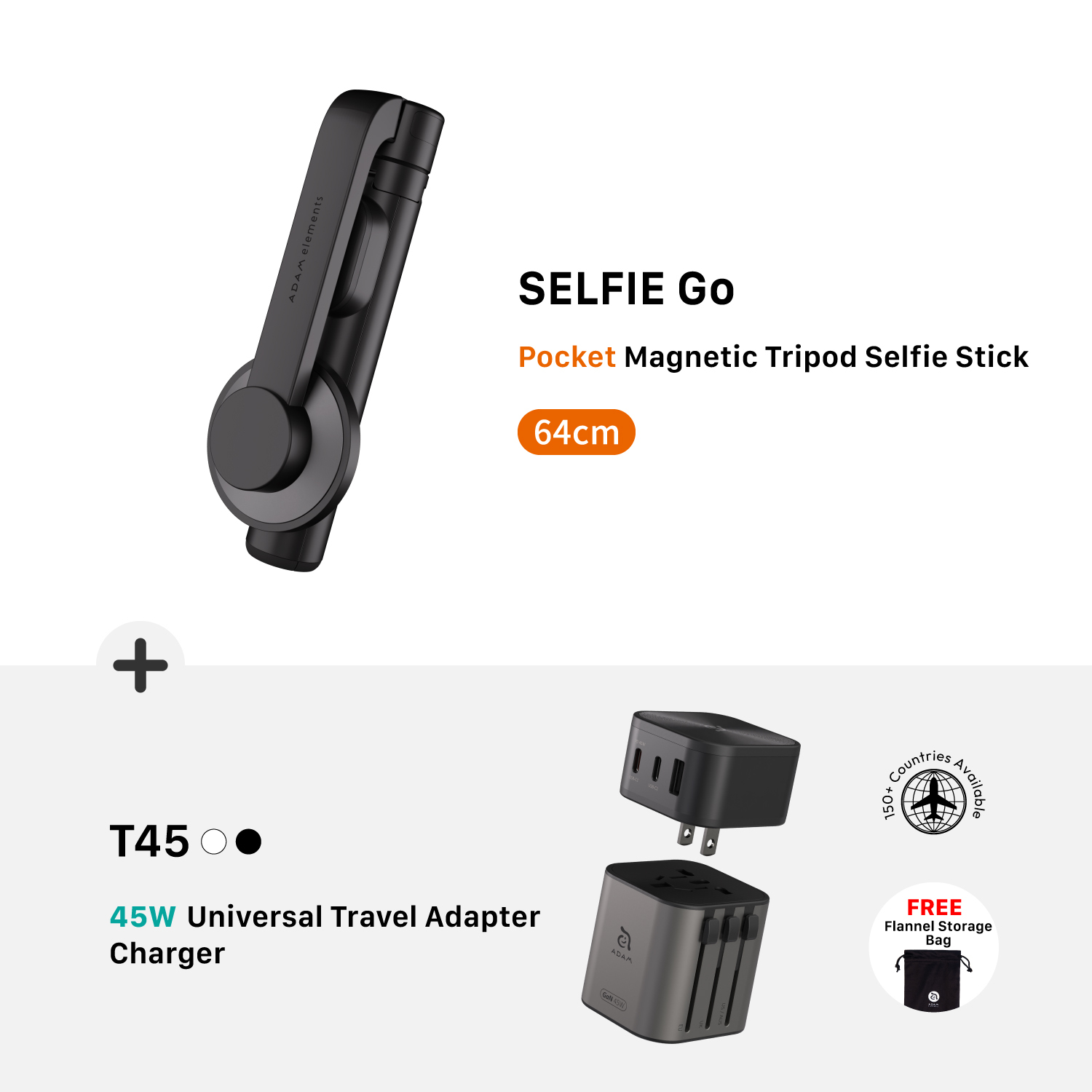 SELFIE Go Pocket Magnetic Tripod Selfie Stick + OMNIA T45 Universal Travel Adapter