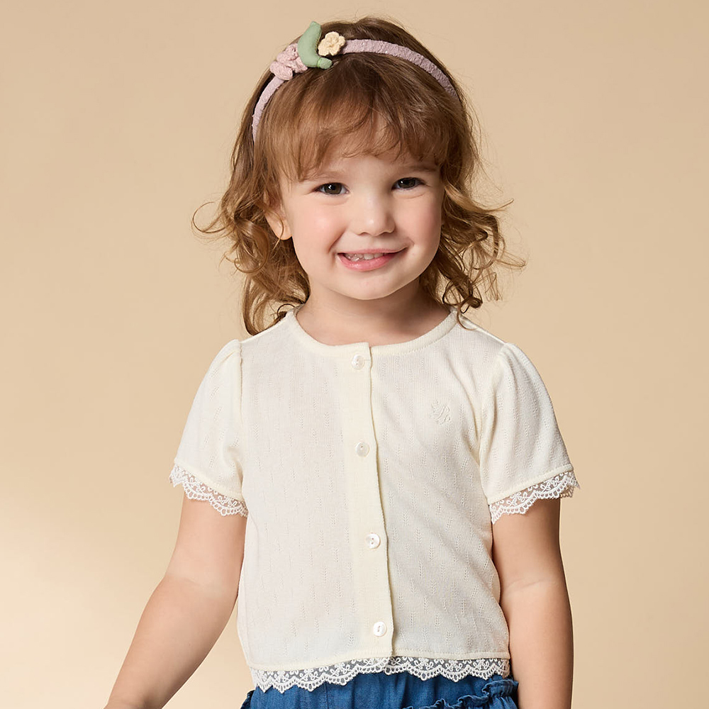 PIPPY 優雅剪接蕾絲圓領短袖外套 白