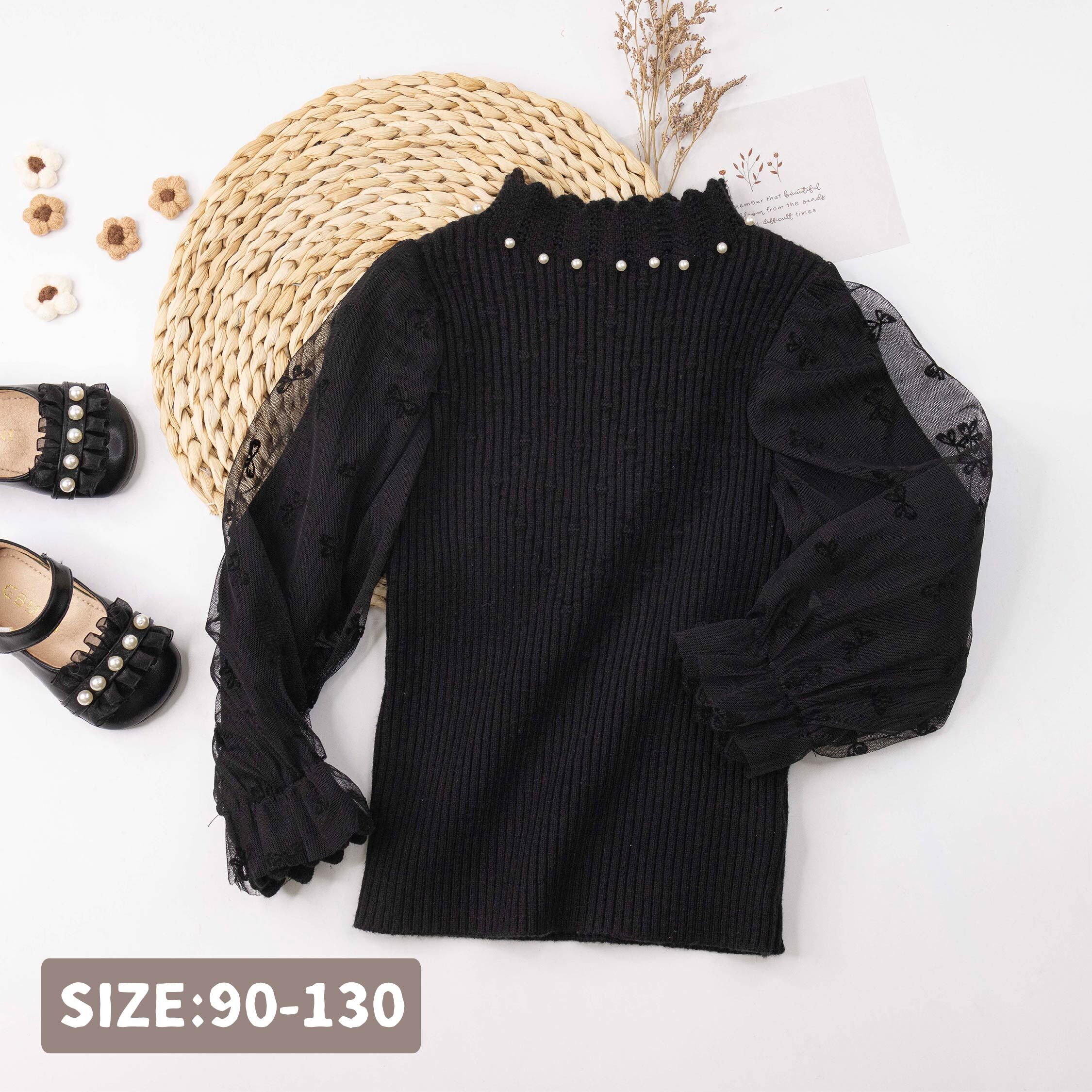 【H35590】氣質蝴蝶網紗坑條針織上衣