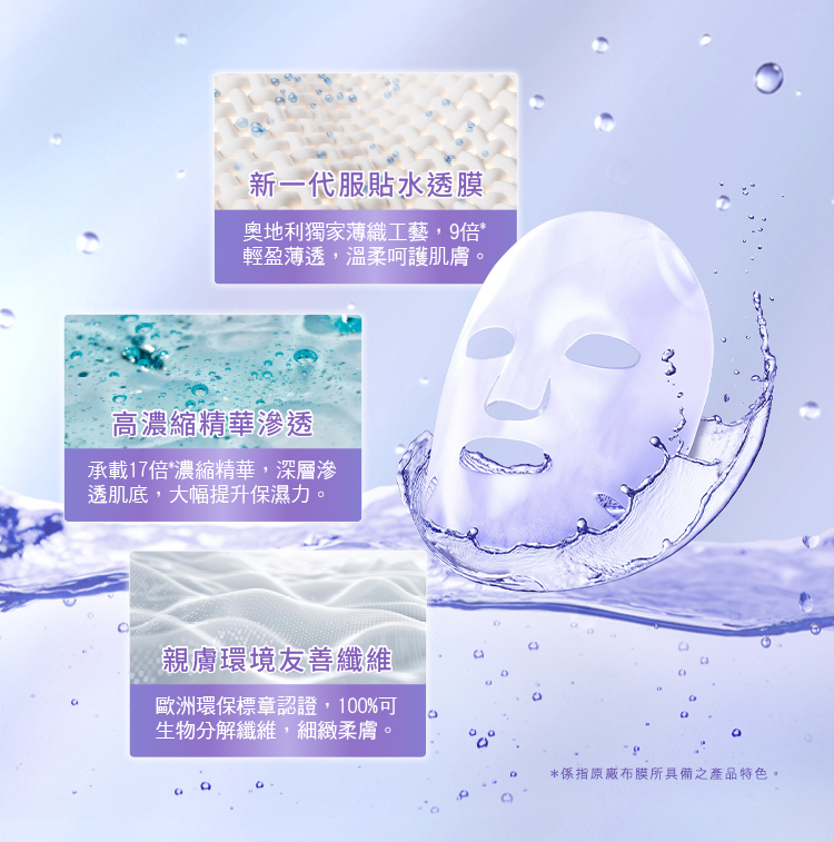 新一代服貼水透膜:奧地利獨家薄織工藝,9倍輕盈薄透,溫柔呵護肌膚,高濃縮精華滲透:承載17倍濃縮精華,深層滲透基底,大幅提升保濕力。親膚環境友善纖維:歐洲環保標章認證,100%可生物分解纖維,細緻柔膚。