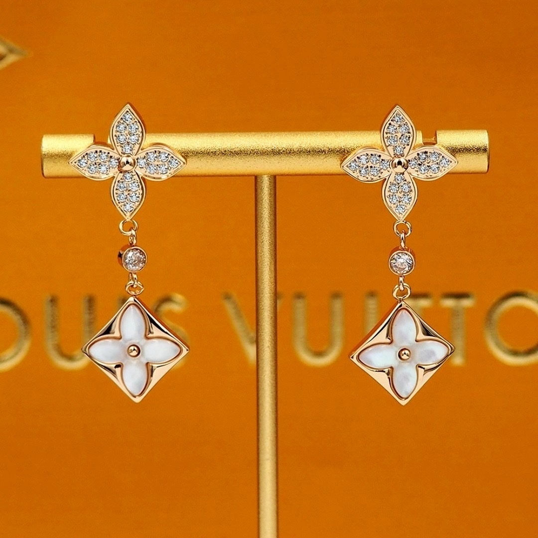 18k Blossom雙尖花卉滿鑽白母貝”高奢定製耳墜