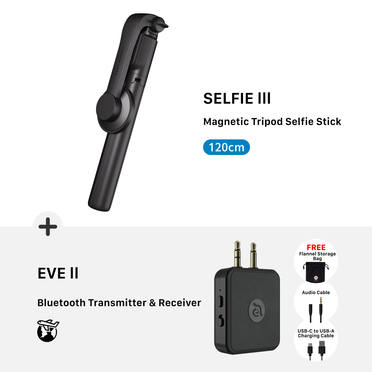 SELFIE III Magnetic Tripod Selfie Stick + EVE II Bluetooth Transmitter & Receiver