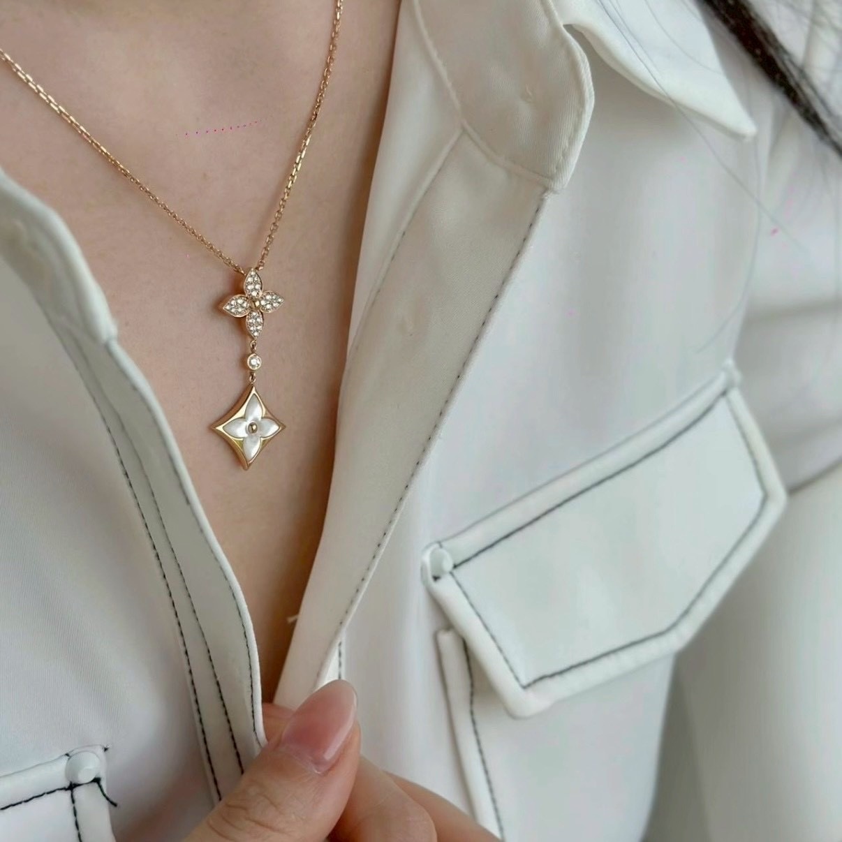 18k Blossom滿鑽雙尖花卉母貝/瑪瑙”高奢定製項鍊