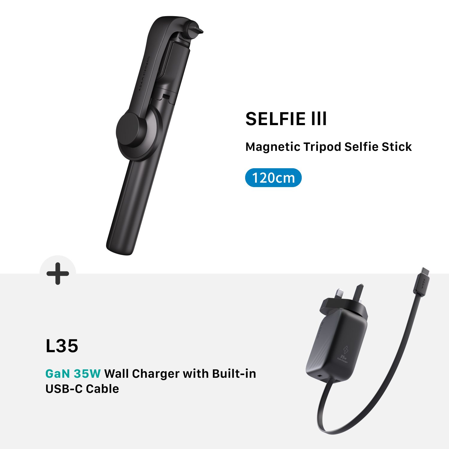 SELFIE III Magnetic Tripod Selfie Stick + L35 UK GaN 35W Wall Charger with Built-In USB-C Cable