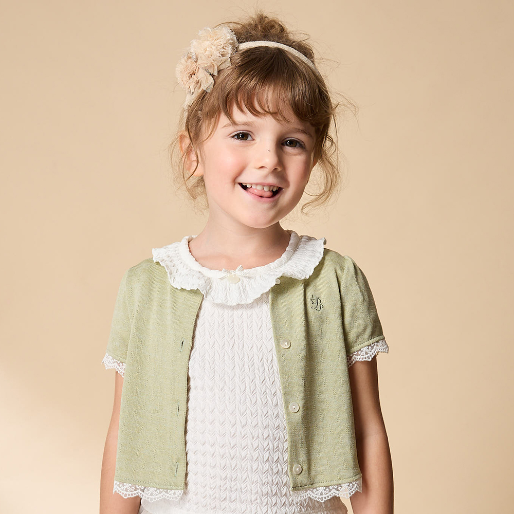 PIPPY 優雅剪接蕾絲圓領短袖外套 綠