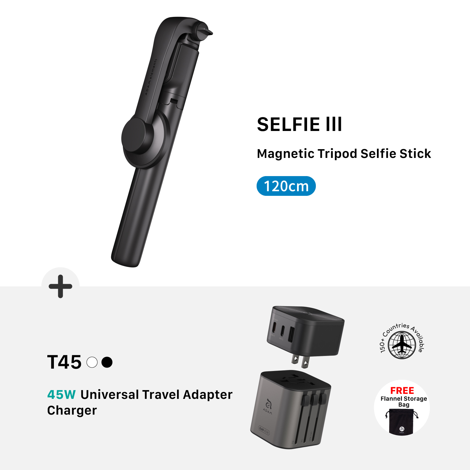 SELFIE III Magnetic Tripod Selfie Stick + OMNIA T45 Universal Travel Adapter
