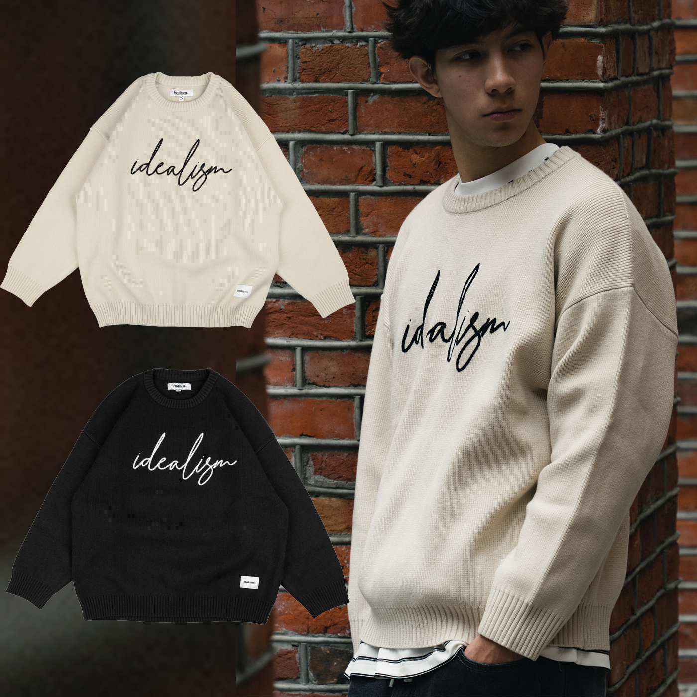 idealism Chain Knit 沙色 黑色 鎖鏈繡 圓領 針織 毛衣【ID25040】