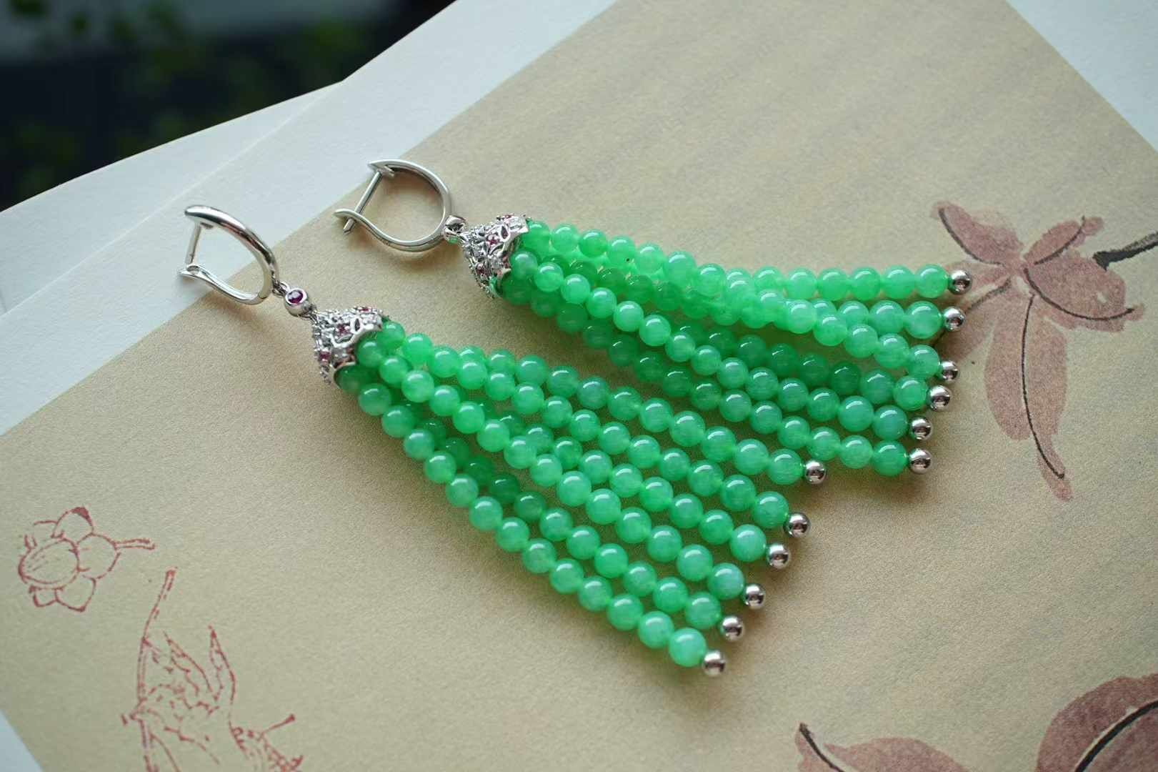 翡翠小米珠流蘇耳墜,天然翡翠A玉, 緬甸玉, Jade, Jadeite