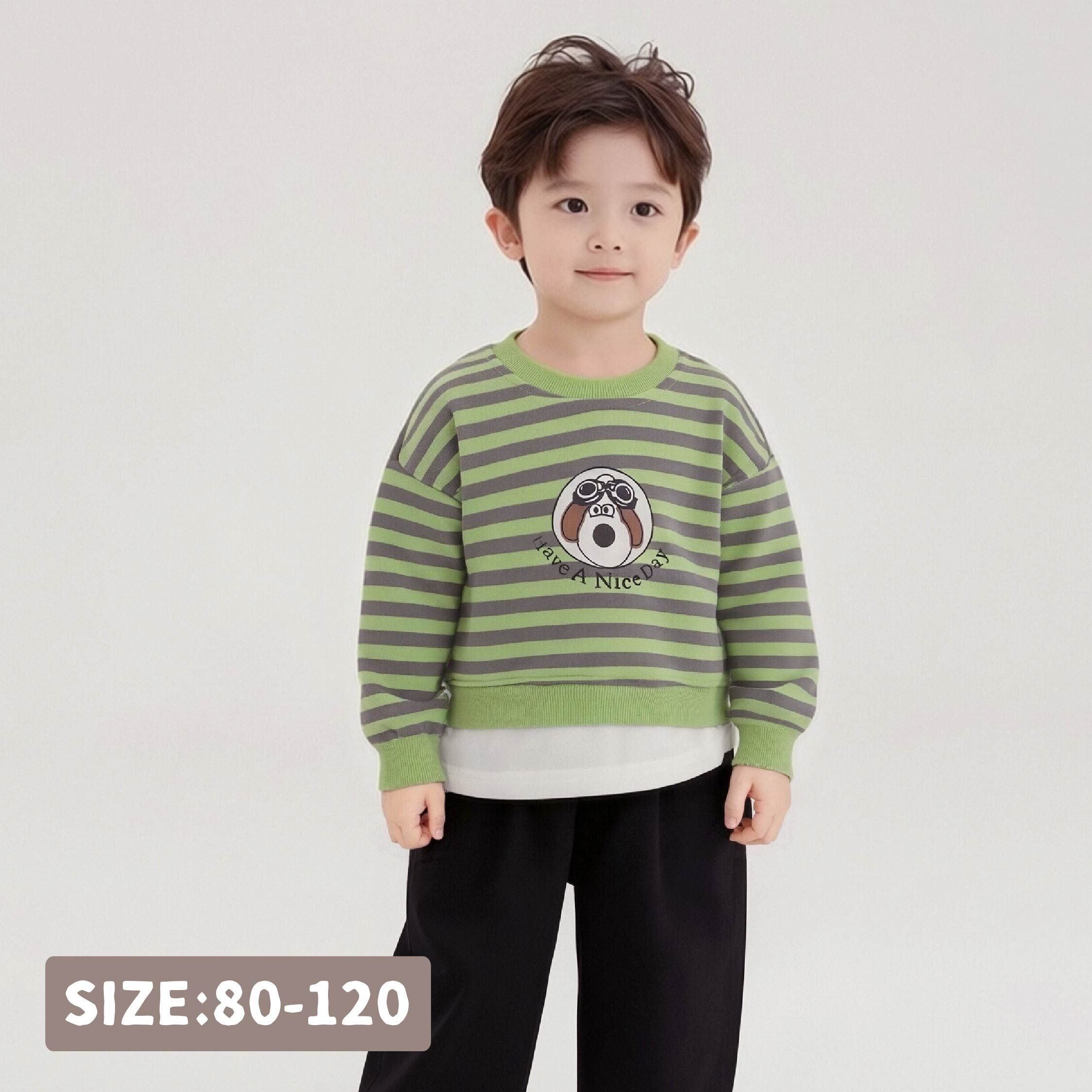 【H35529】可愛飛行員狗狗假兩件條紋上衣