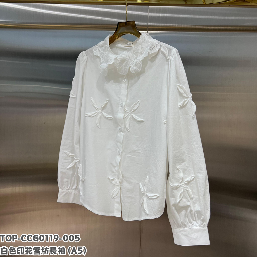 TOP-CCG0119-005 白色印花雪紡長袖 (A5)