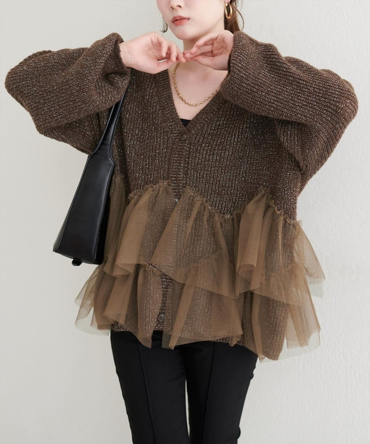 natural couture(ナチュラルクチュール)  チュール重ねカーディガン咖啡色（0352051210）