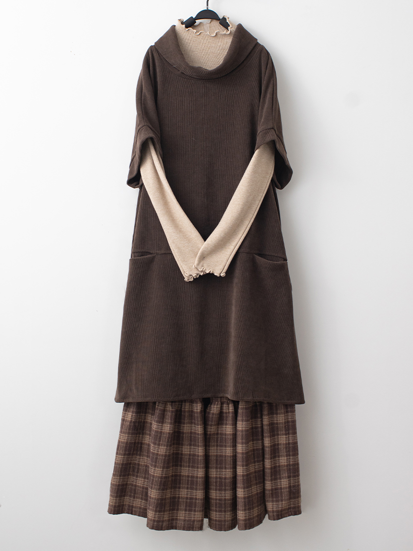 慵懶條絨上衣立領內搭格紋法蘭絨裙組合