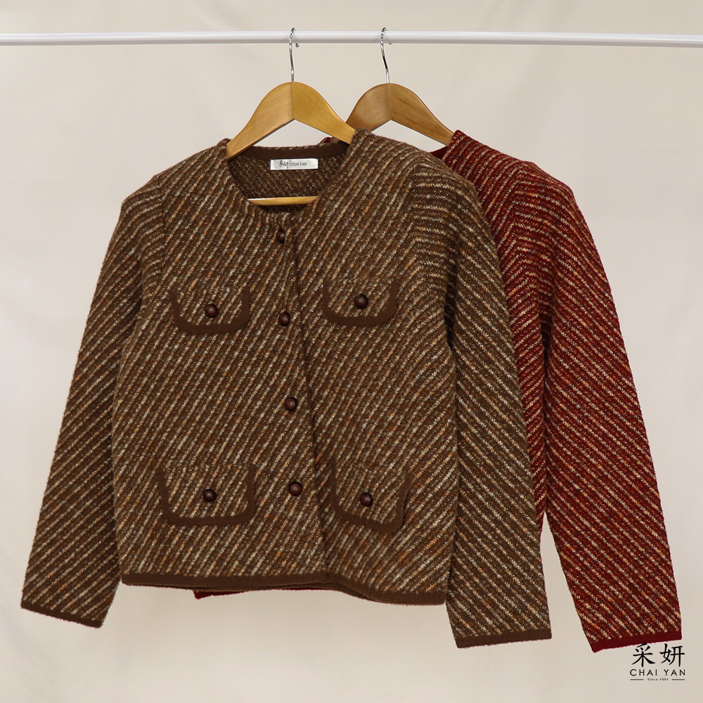 亮蔥斜混織假口袋針織外套