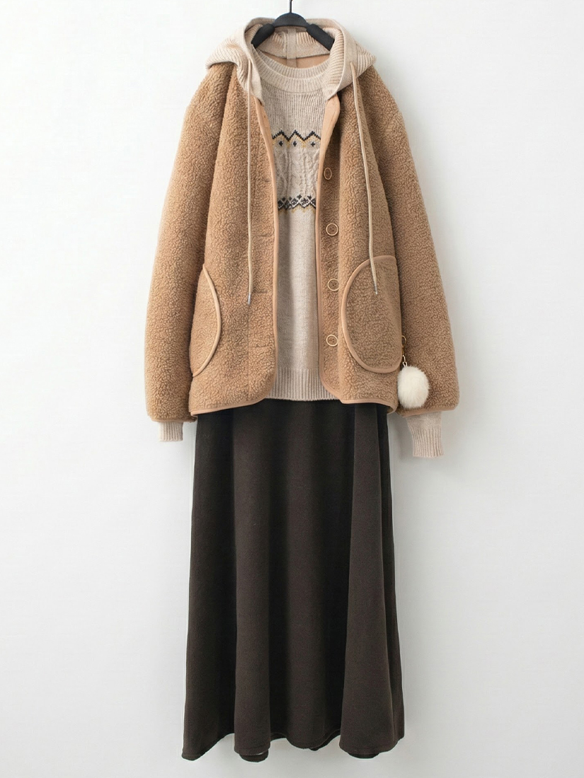 搖粒絨連帽外套圓領毛衣A字長裙組合