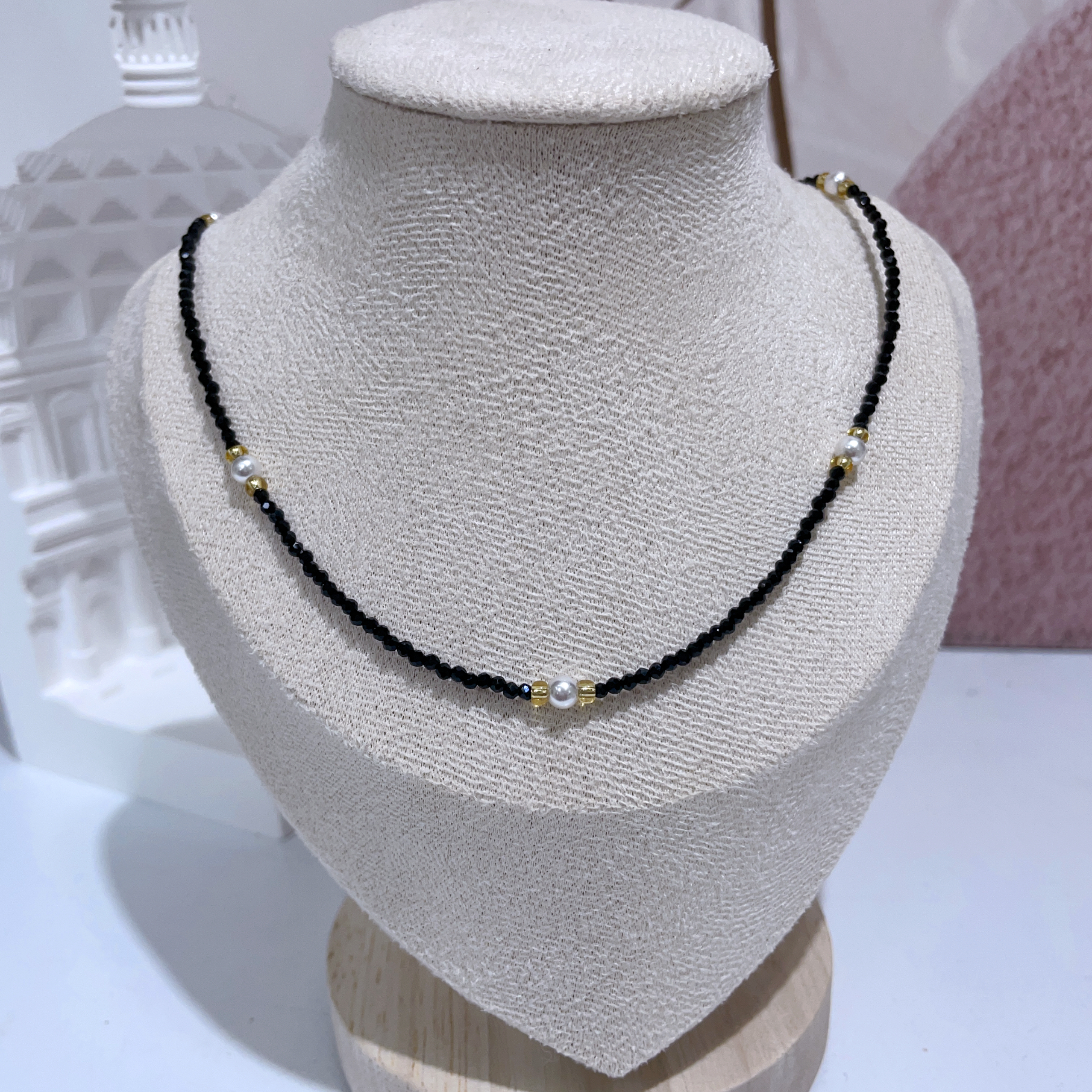 小貝珠拼黑尖晶石頸鏈 46-50cm