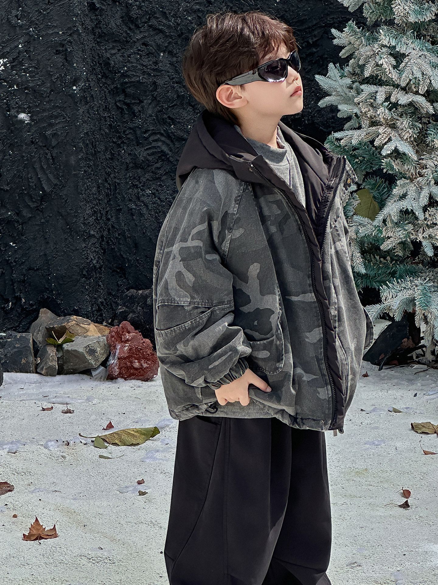 【H0211】迷彩加棉連帽帥氣外套(90-150)