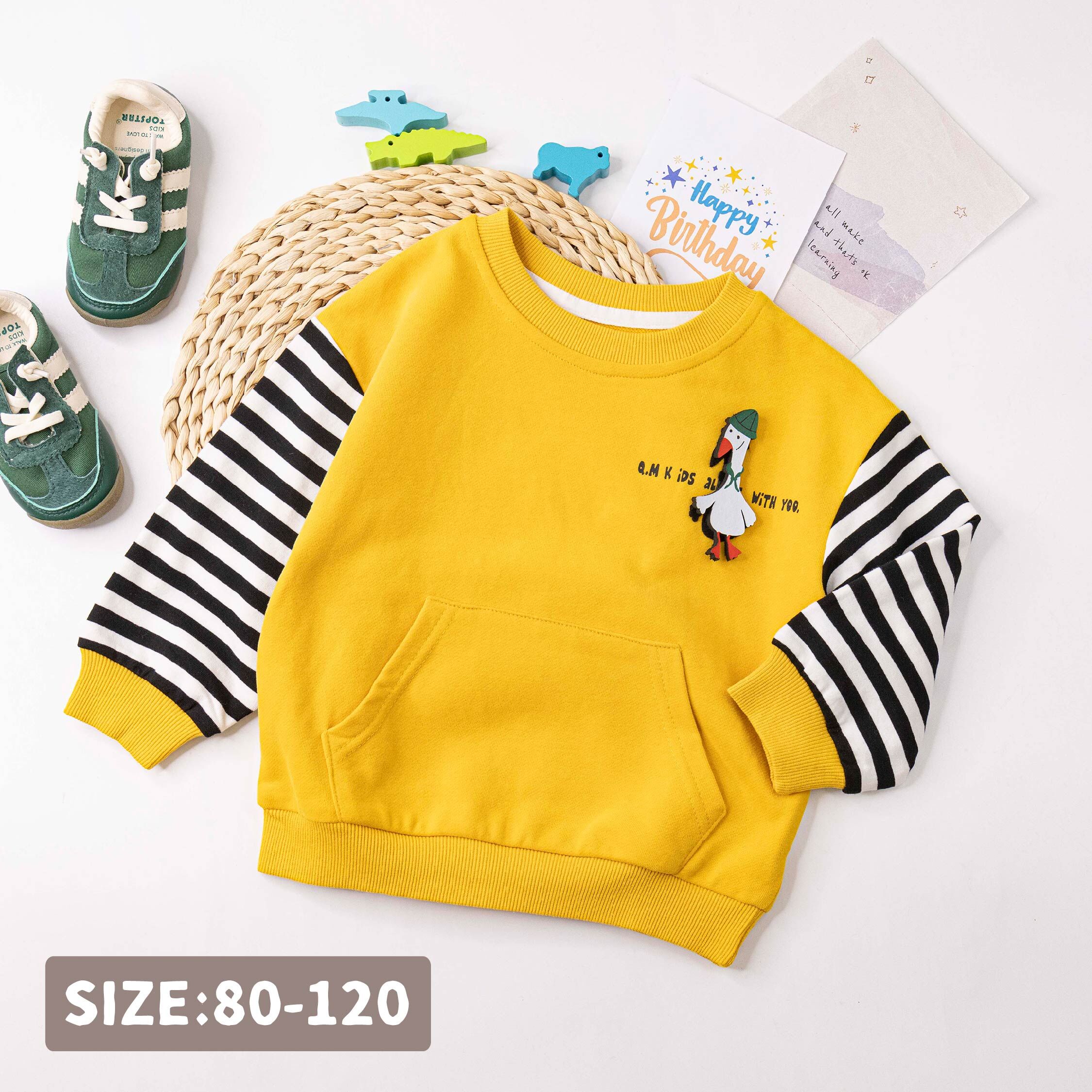 【H35786】立體陽光小鴨條紋拼接上衣