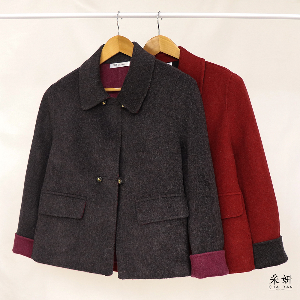 假口袋跳色翻領毛呢外套