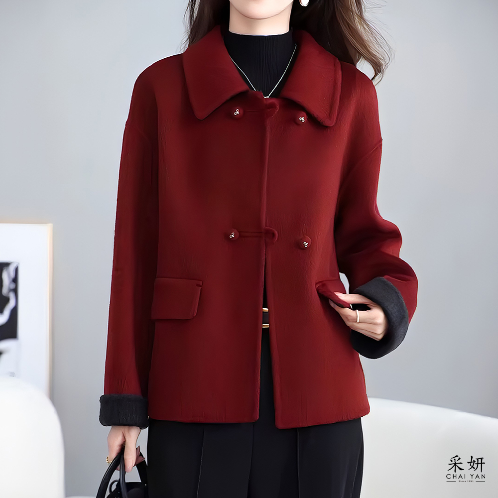 假口袋跳色翻領毛呢外套