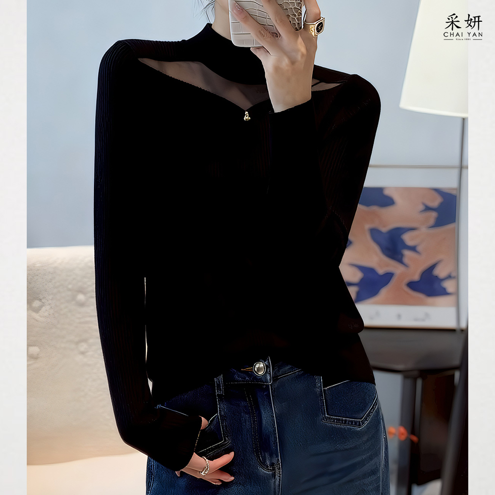 天鵝網紗針織長袖上衣