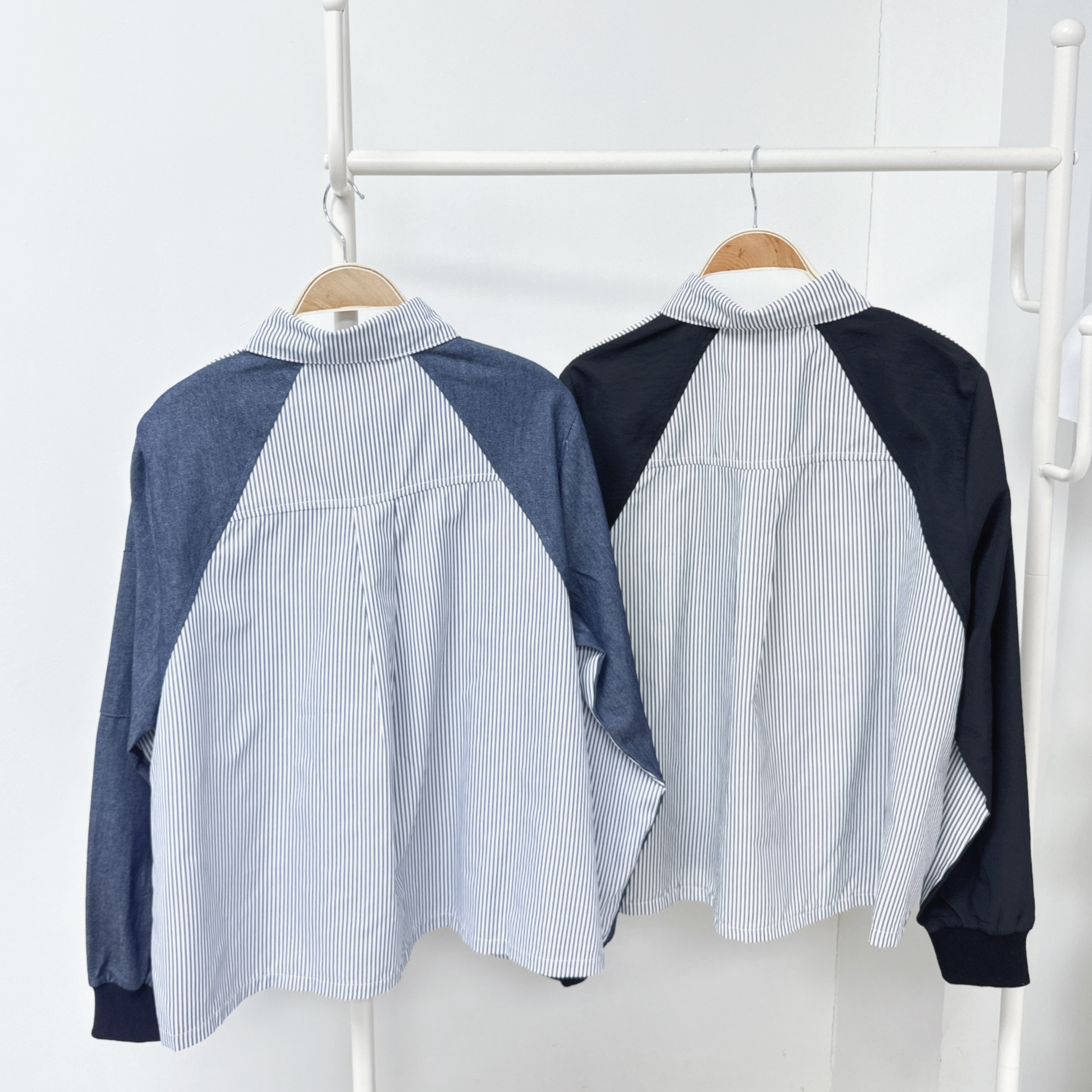 【廠家制】半拼牛仔袖條子恤