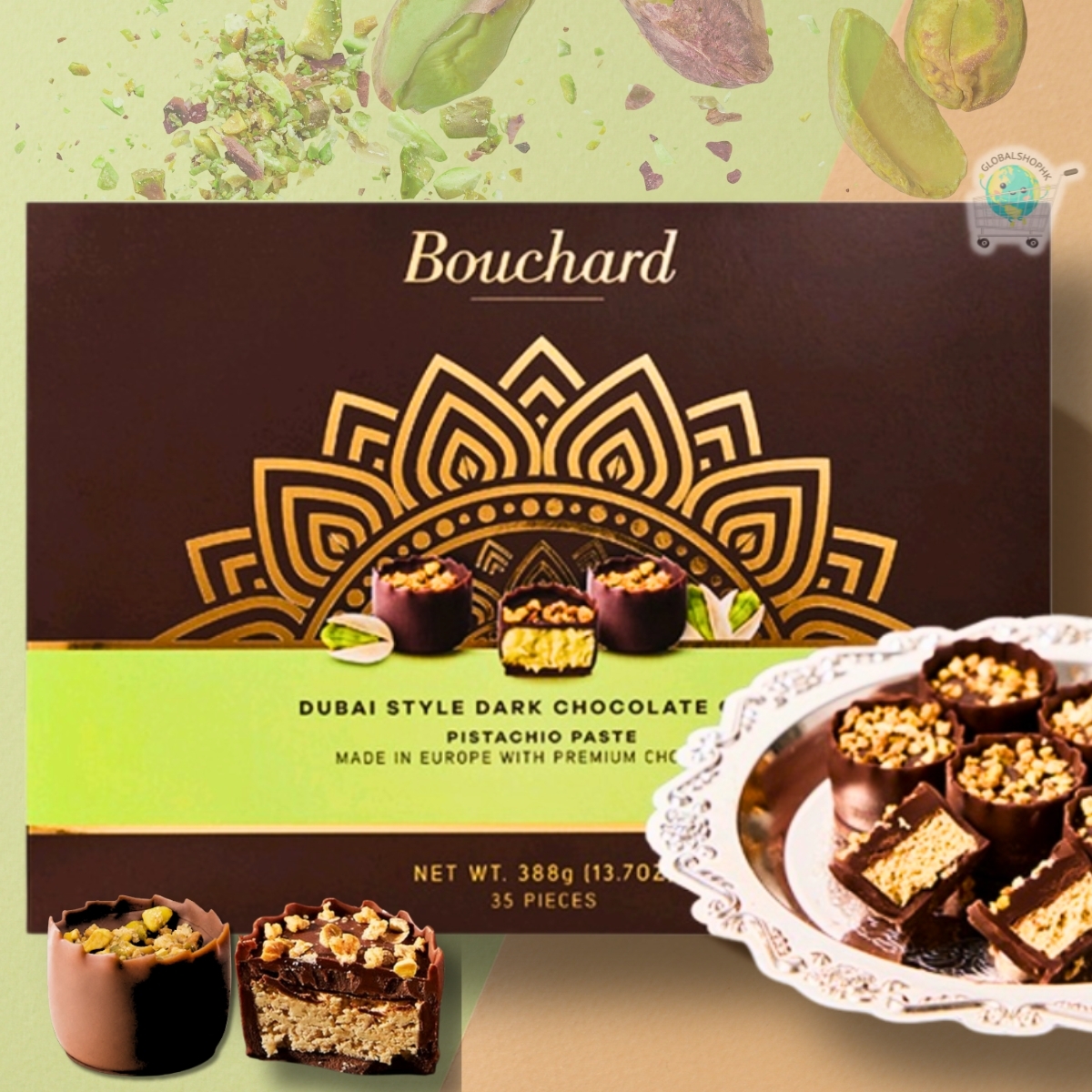 Bouchard - 德国进口迪拜风味开心果夹心黑巧克力杯, 388g