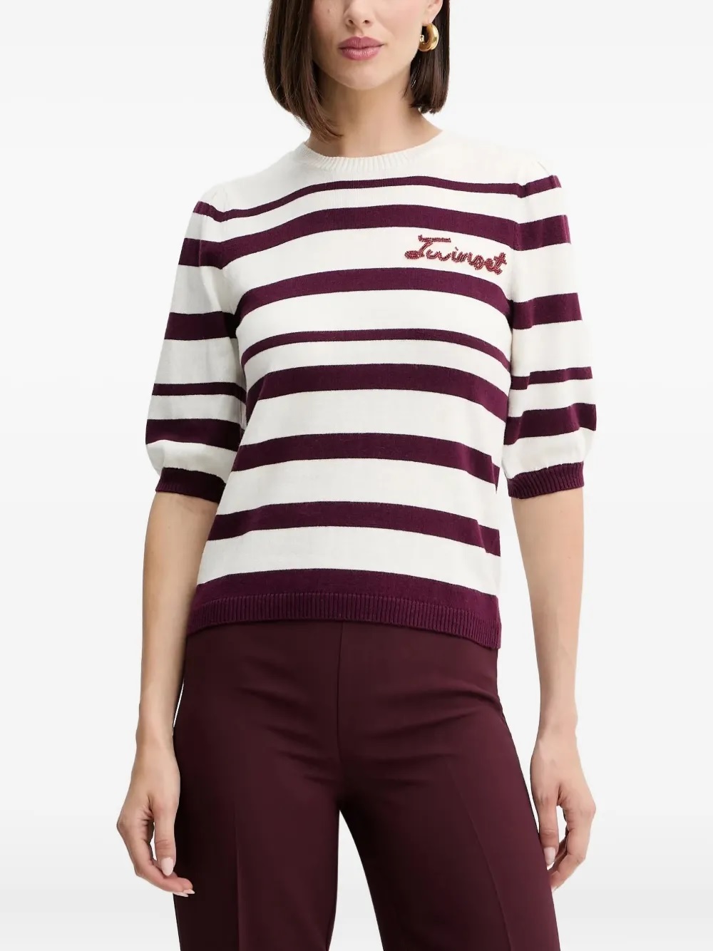 TWIN-SET 橫條針織短袖上衣(紅白)