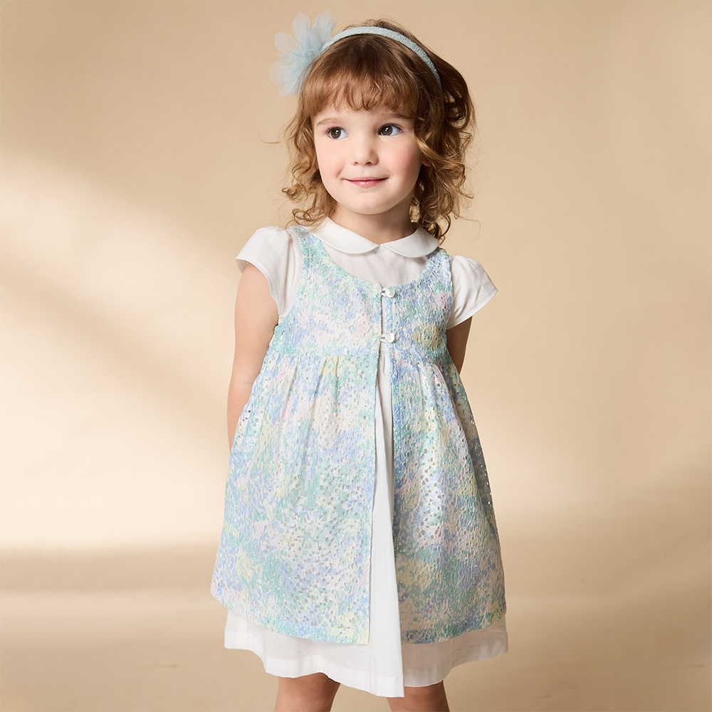 PIPPY 小翻領多層次蕾絲背心罩衫兩件式洋裝 藍綠