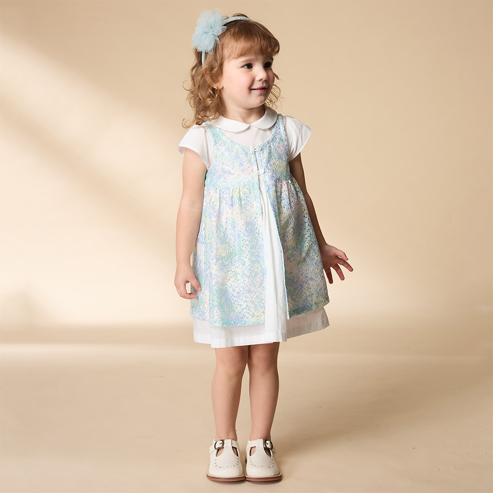 PIPPY 小翻領多層次蕾絲背心罩衫兩件式洋裝 藍綠