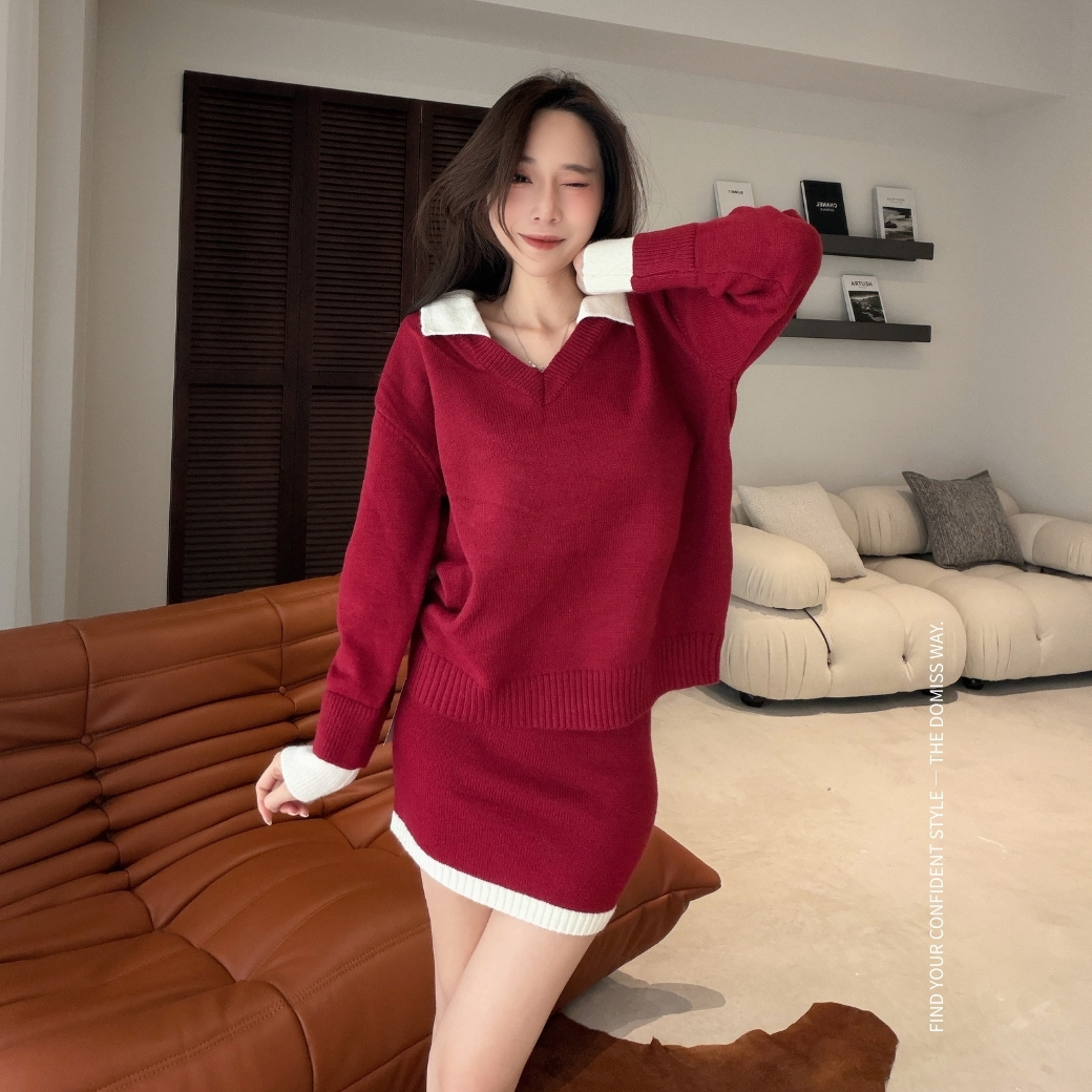【撞色休閒】DOMISS 寬鬆翻領毛衣+短裙套裝 毛衣裙(現+預)