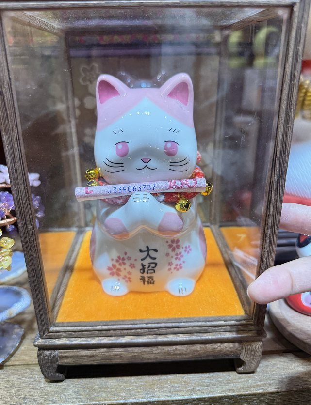 0119gzc5-招財貓- 配雞翅木玻璃盒（C5）