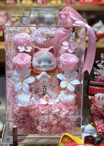 0119gzc6-招財貓- 永生花禮盒（粉）（C6）