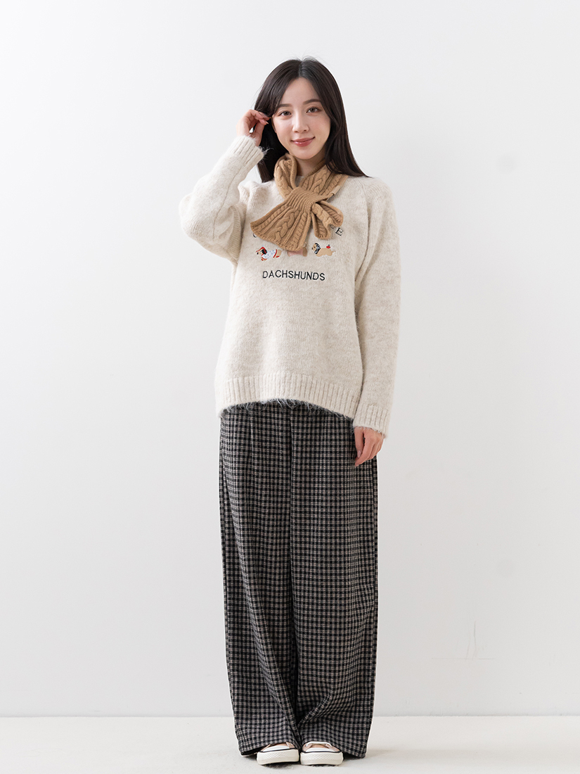 繡花針織毛衣後鬆緊磨毛直筒長褲組合