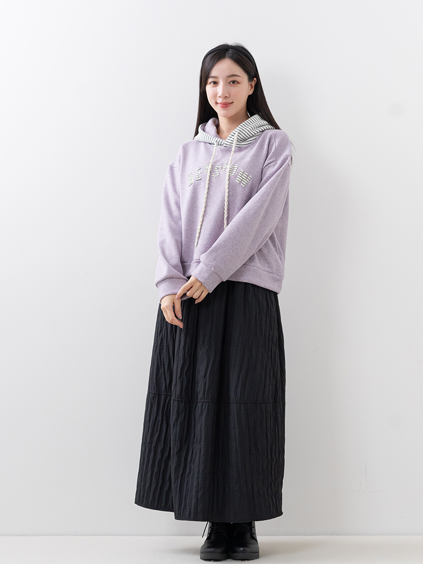 內絨毛條紋連帽上衣鋪棉花苞感長裙組合