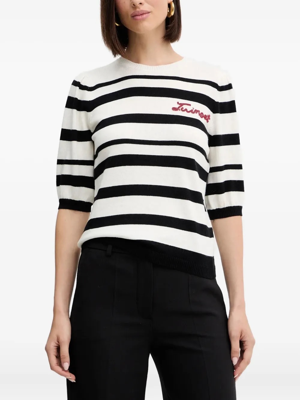 TWIN-SET 橫條針織短袖上衣(黑白)