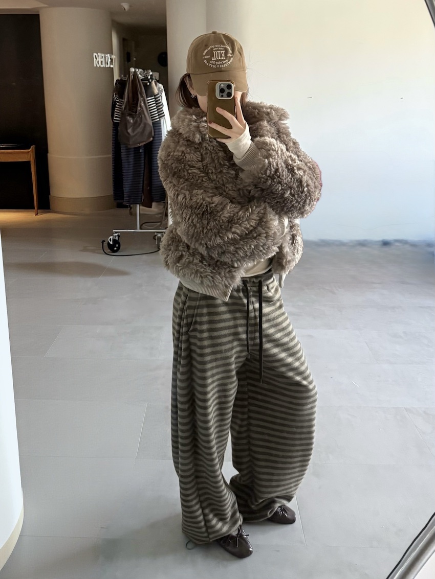 elastic drawstring striped brushed cotton trousers in OLIVE/BRICK