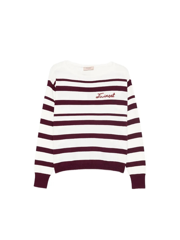 TWIN-SET 橫條針織一字領上衣(紅白)