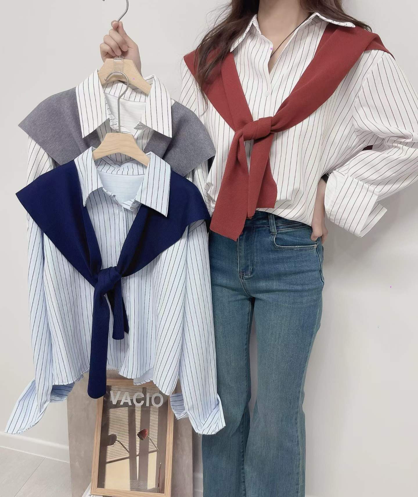 LU5407 拼色綁結披肩條紋翻領恤衫 *特價* (優惠碼同充值購物金不適用)