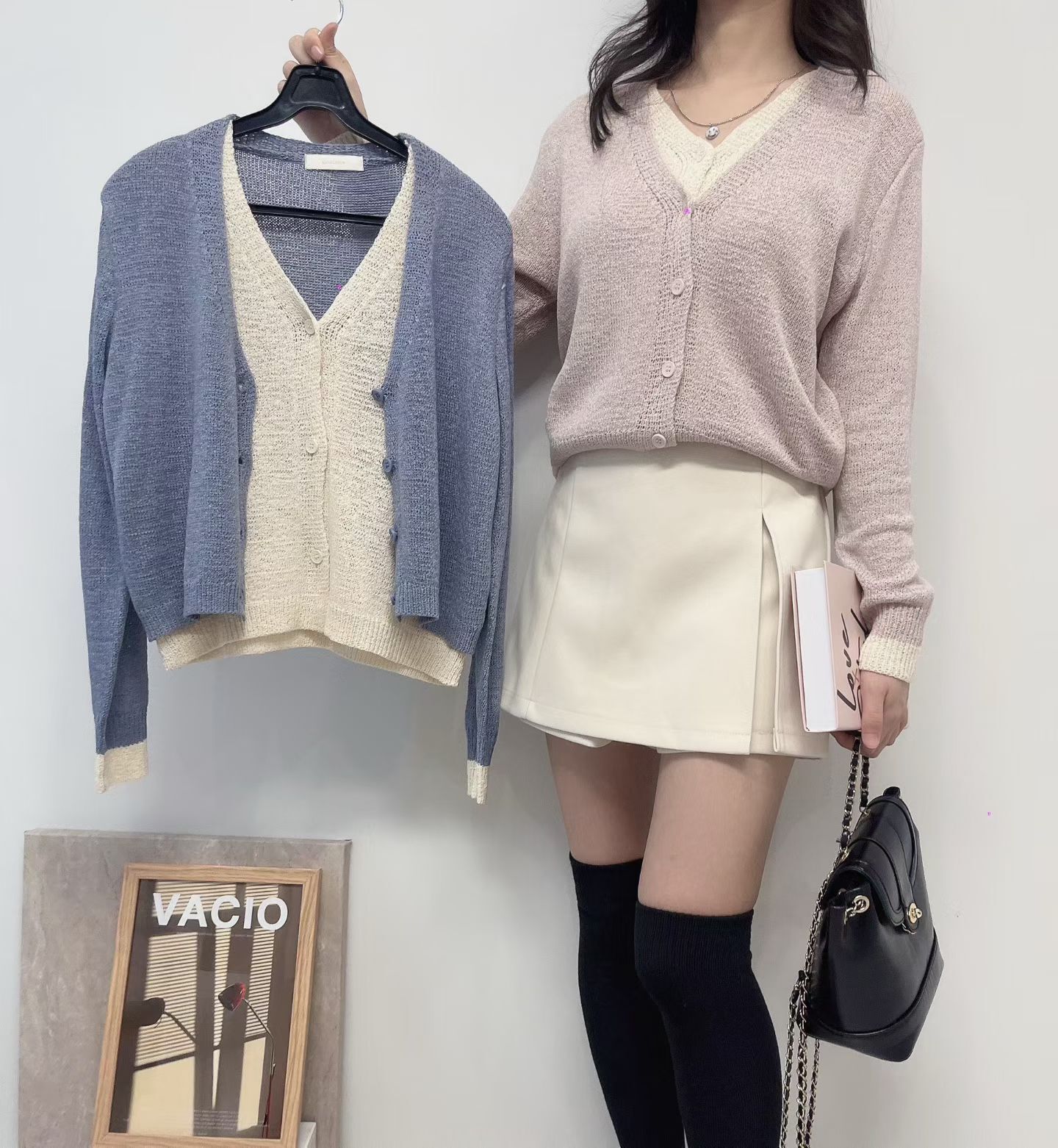 LU5408 假兩件撞色V領針織上衣 *特價* (優惠碼同充值購物金不適用)