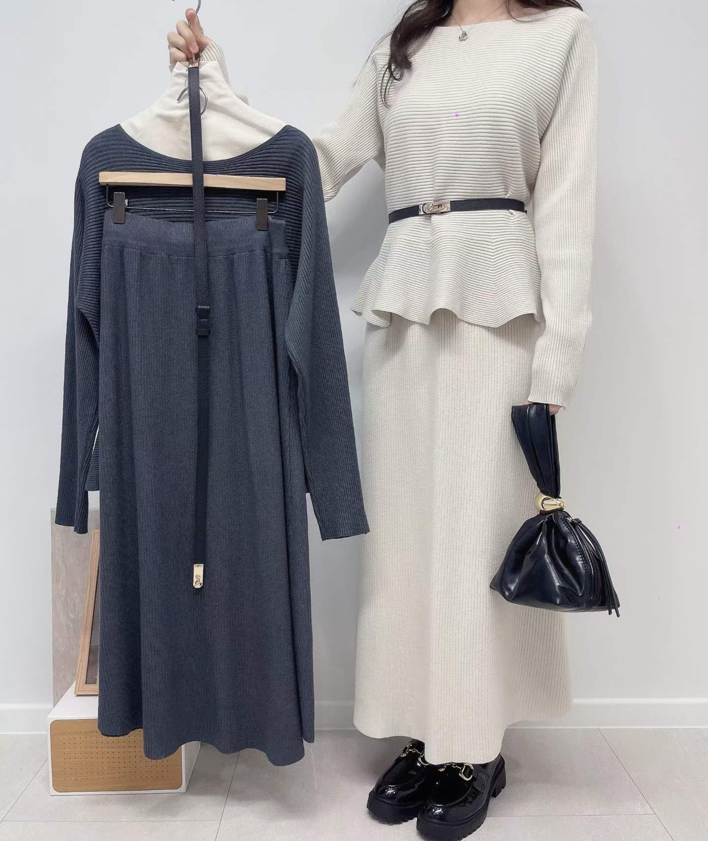 LU5410 小露肩坑紋上衣半身裙腰帶套裝 *特價* (優惠碼同充值購物金不適用)