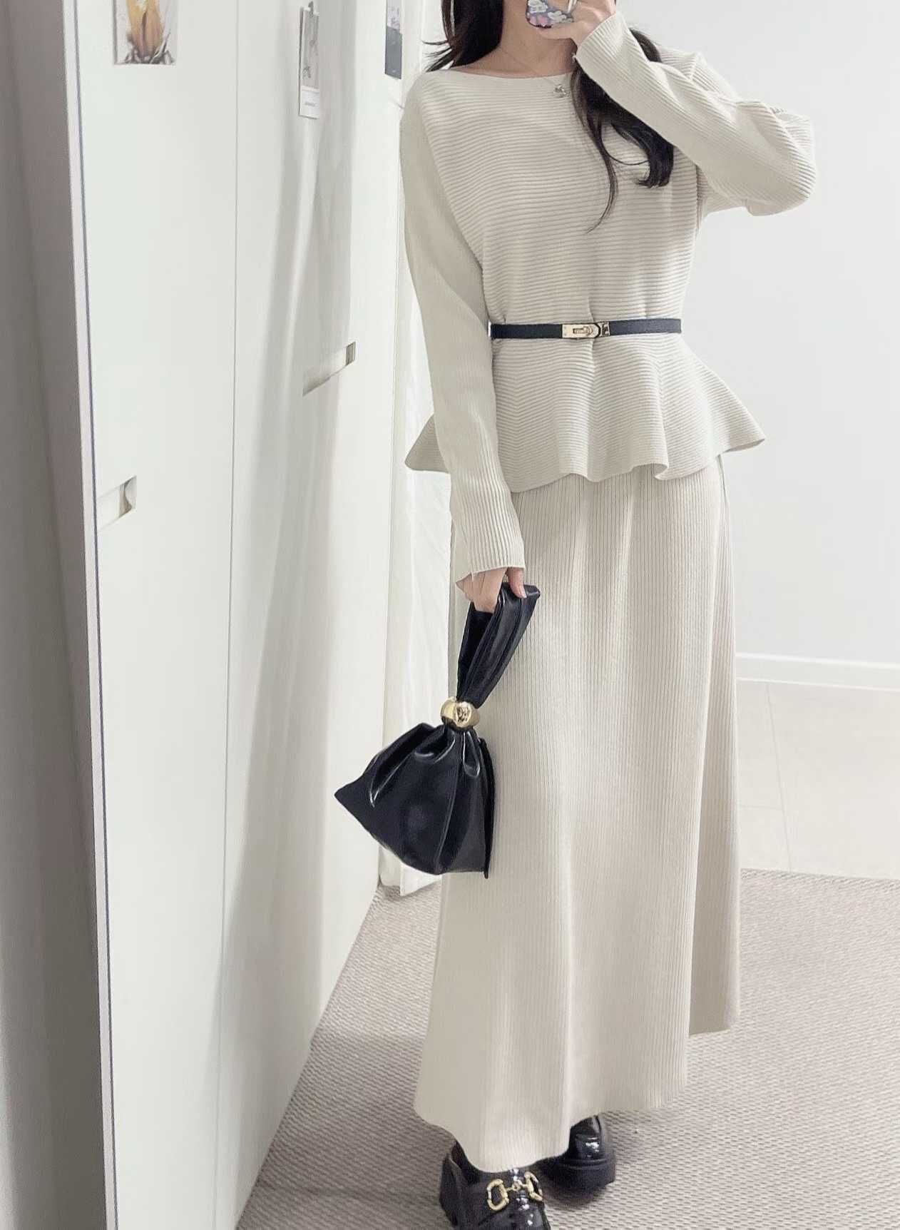 LU5410 小露肩坑紋上衣半身裙腰帶套裝 *特價* (優惠碼同充值購物金不適用)